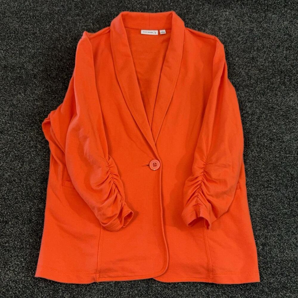 Susan Graver Blazer Womens L Orange Knit One Button Ruched Sleeve Career Jacket
